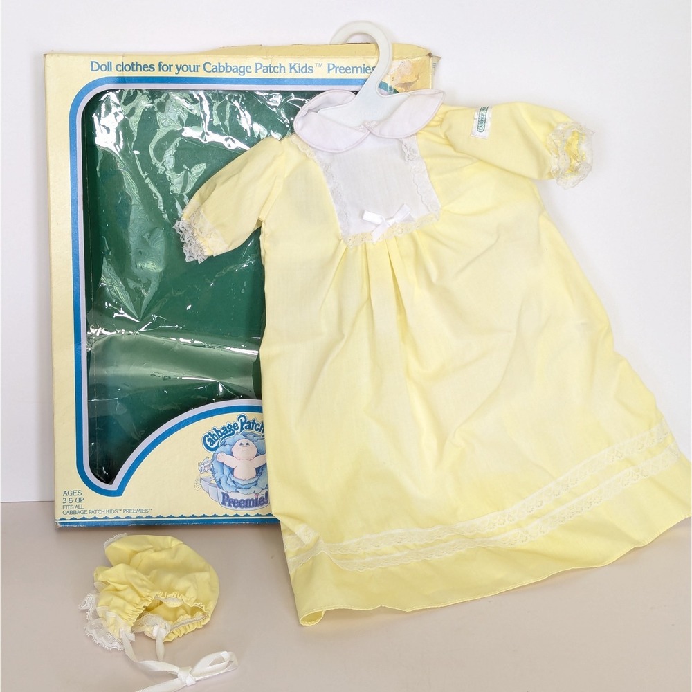Vtg Cabbage Patch Kids Preemie Coleco 1980s Yellow Gown Bonnet READ: Sun Fading